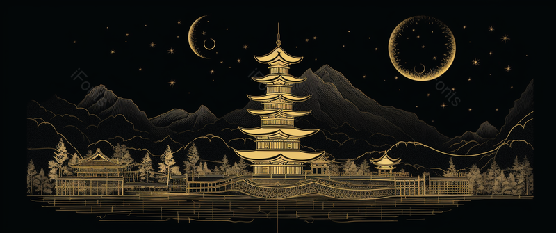 黑金质感国潮风明月与古建筑塔手绘横板壁纸,插画/手绘图,插画/手绘图库,插画/手绘图下载,插画/手绘